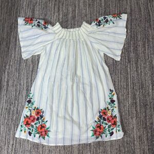 Womens‎ Medium Embroidered Mini Dress White Stripe Off The Shoulder Cotton Boho